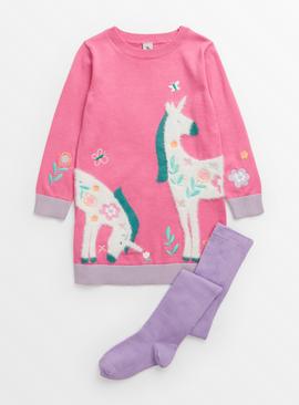 Pink Unicorn Knitted Dress & Tights Set 