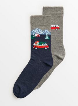 Navy & Grey Camper Van Christmas Socks 2 Pack 