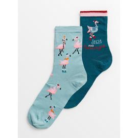 Christmas Blue Flamingo Socks 2 Pack 4-8