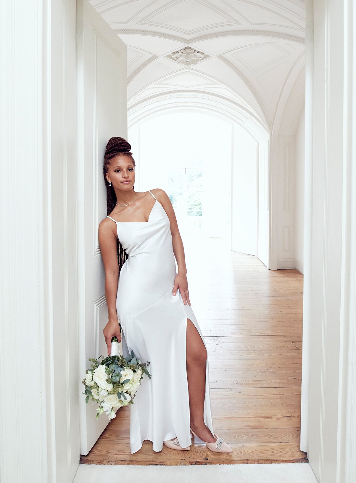 White Bias Cut Cowl Neck Dress 