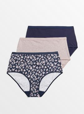 3 pack of full knickers in liberty print, white & navy Cotton Stretch