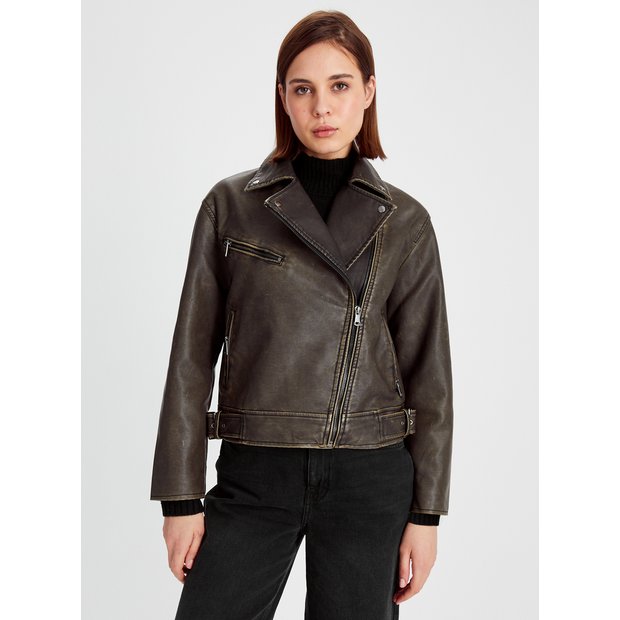 Buy Khaki Faux Leather Buckle Biker Jacket S | Biker jackets | Tu