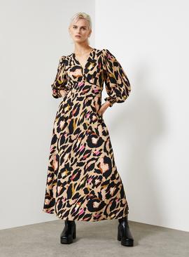 For All The Love Leopard Printed Volume Sleeve V-Neck Midaxi Dress 