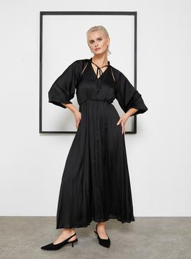 For All The Love Black Crushed Floaty Satin Tie Front Midaxi Dress 