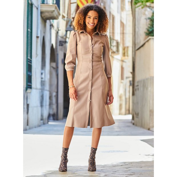 Sosandar Brown Leather V Neck Fit & Flare Dress