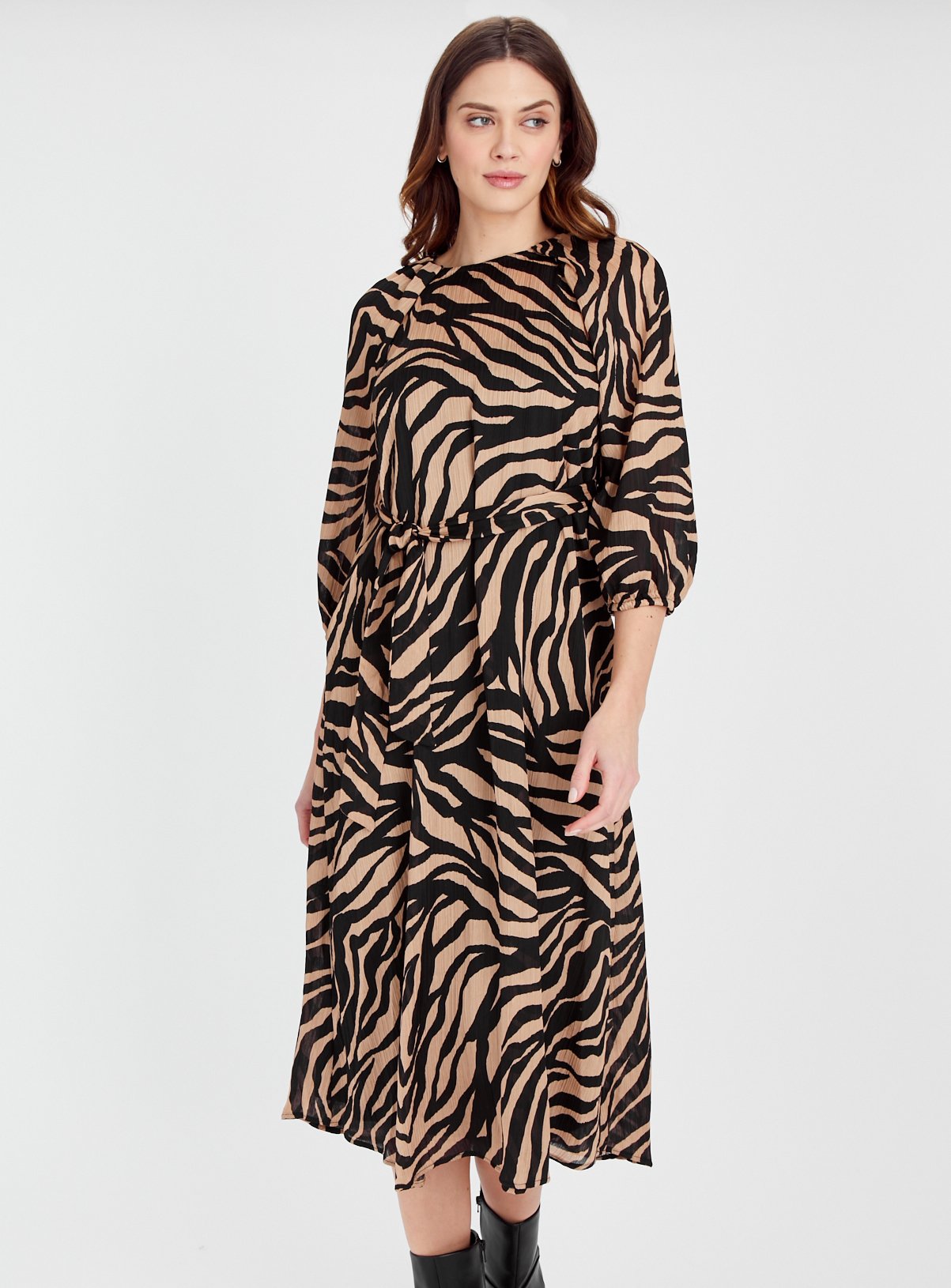 Zebra Print Balloon Sleeve Midi Dress 