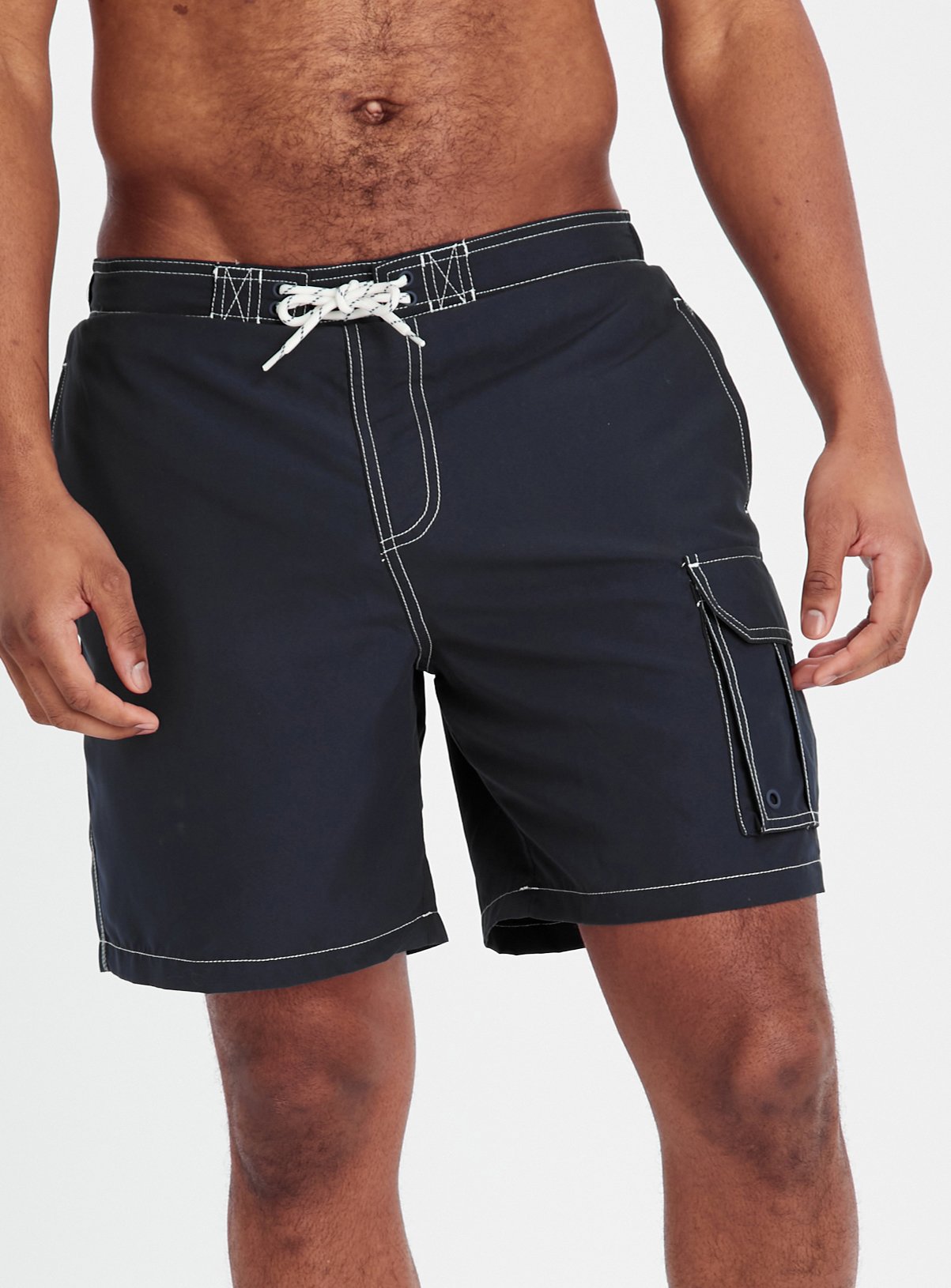 Navy Contrast Stitch Cargo Swim Shorts  