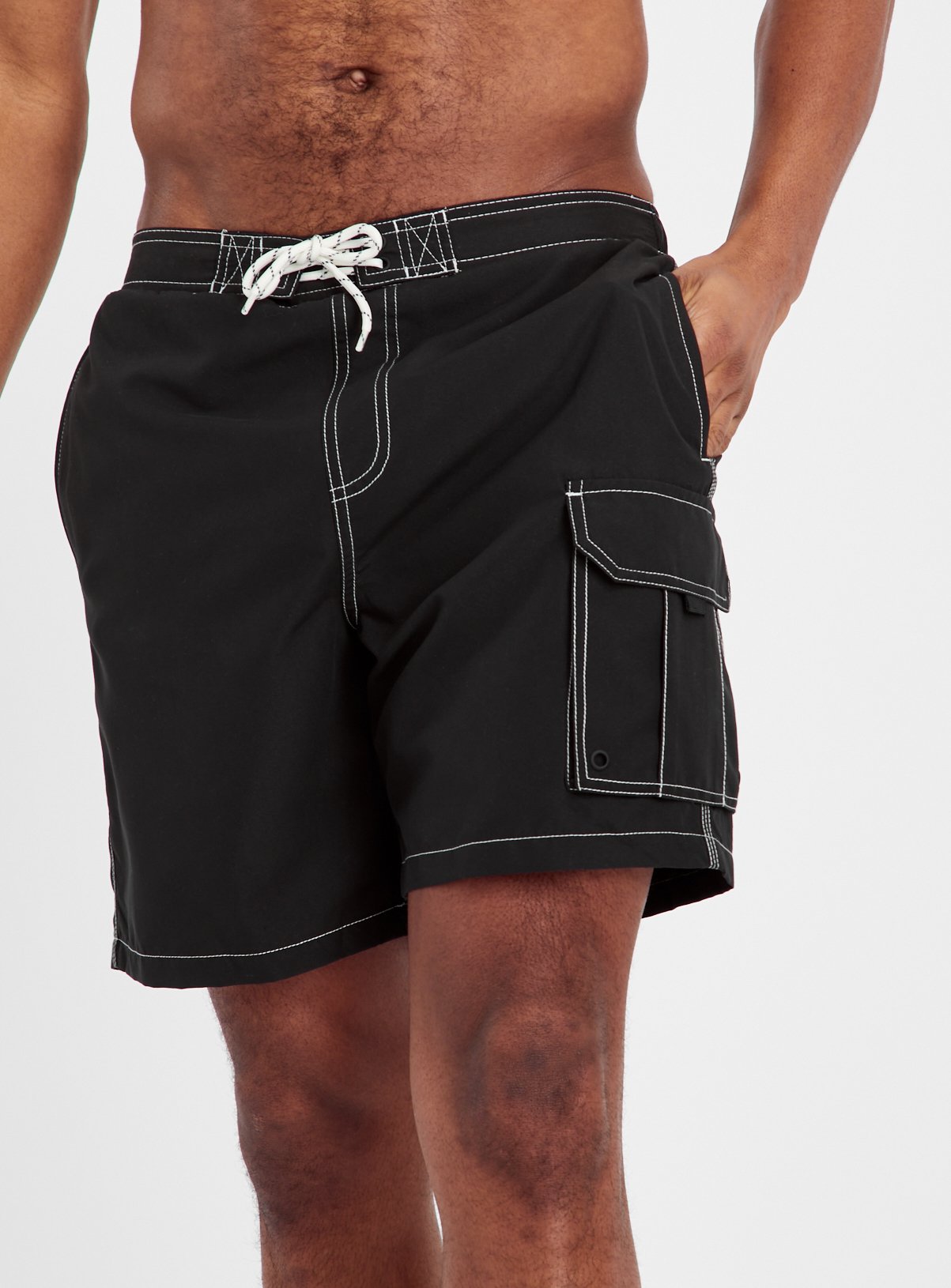 Black Contrast Stitch Cargo Swim Shorts 