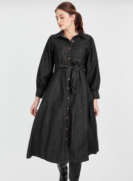 Black Denim Button-Through Midi Dress 