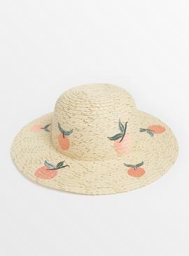 Peach Embroidered Straw Floppy Hat 