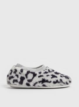 Grey Faux Fur Leopard Ballerina Slippers 