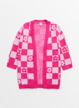 Pink Flower Checkerboard Cardigan 