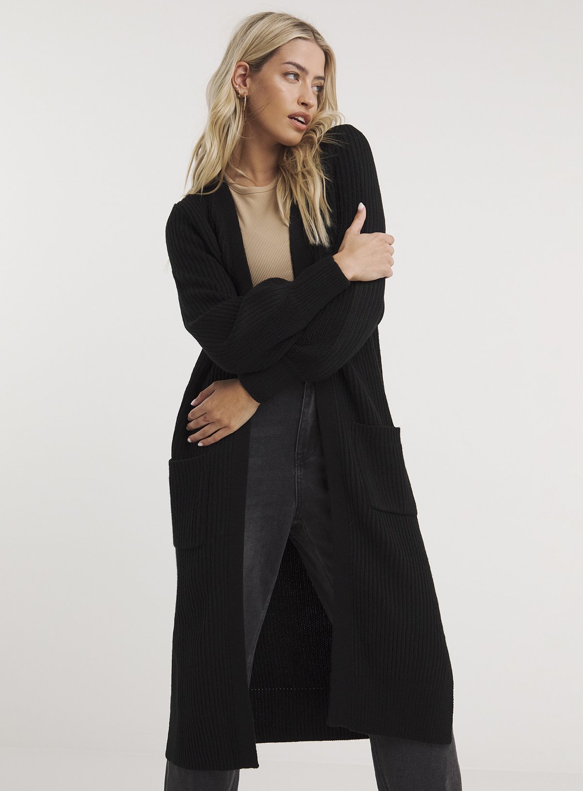 SIMPLY BE Black Longline Fisherman Rib Cardigan 