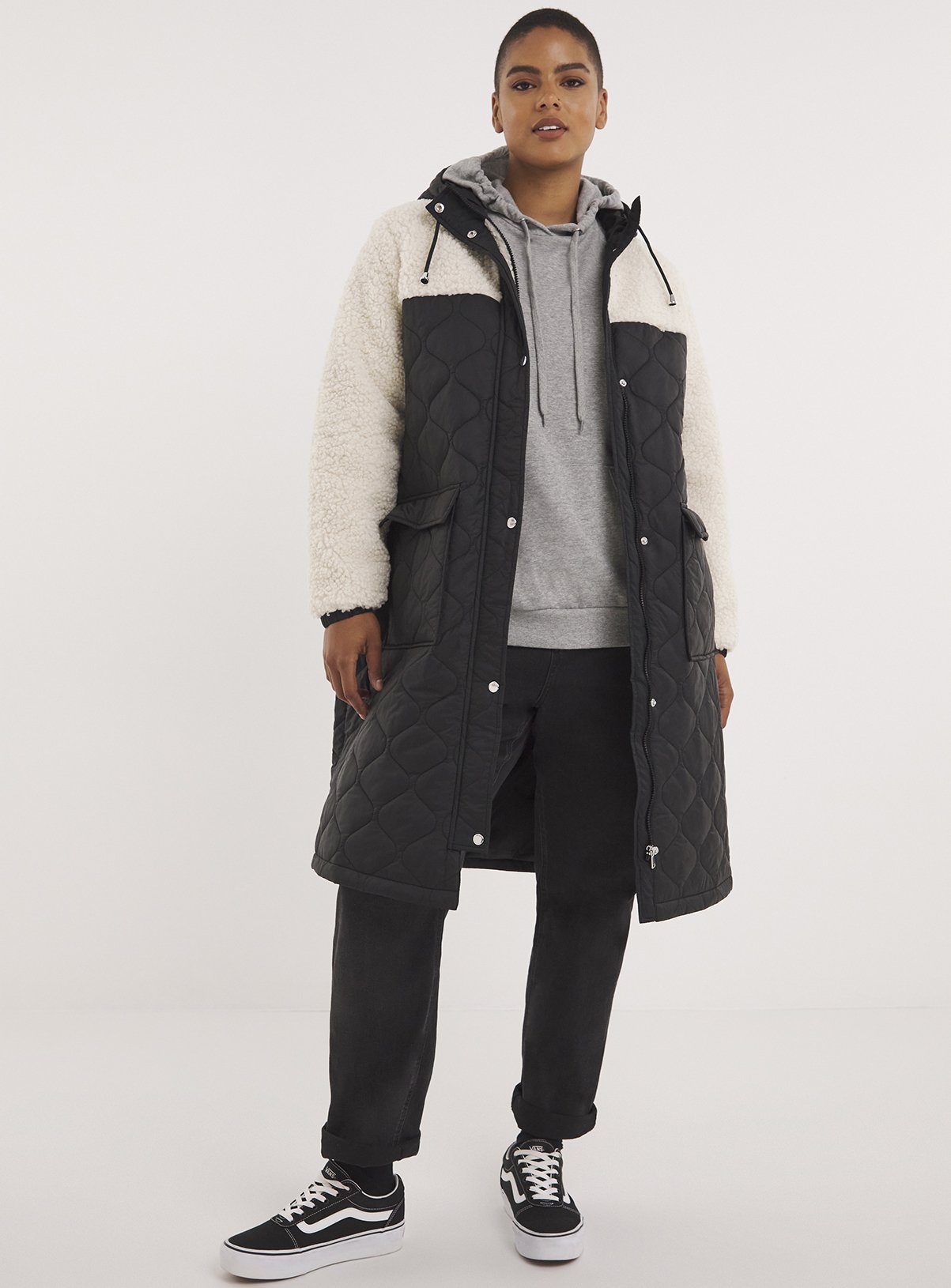 SIMPLY BE Black Quilted Shearling Hooded Maxi Coat 