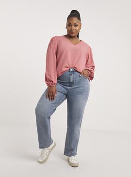 SIMPLY BE Rose Pink Long Sleeve V Neck Boxy Top 