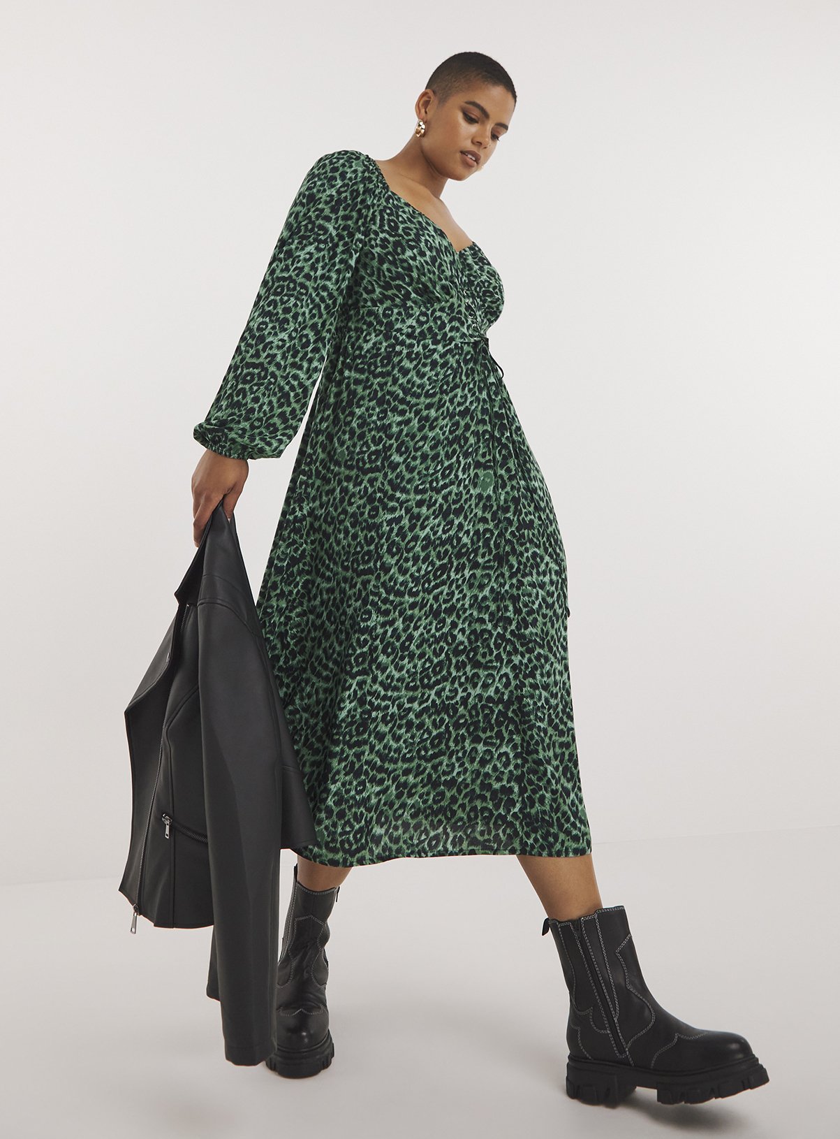 SIMPLY BE Corset Detail Green Animal Print Midi Dress 