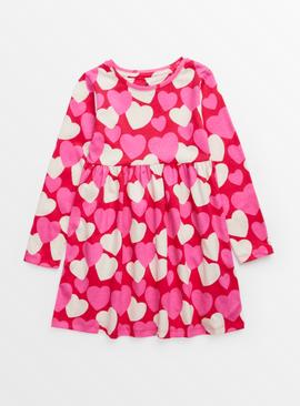 Pink Heart Print Long Sleeve Jersey Dress 