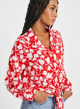 Red Floral Print Tie Waist Blouse 