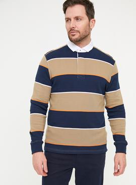 Navy & Stone Striped Rugby Polo Shirt 