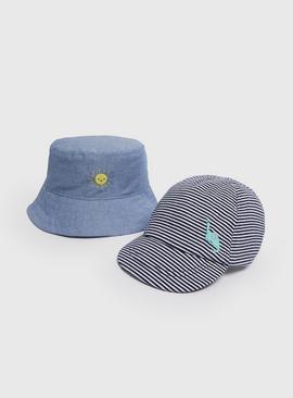Blue Bucket Hat & Stripe Cap 3-6 months