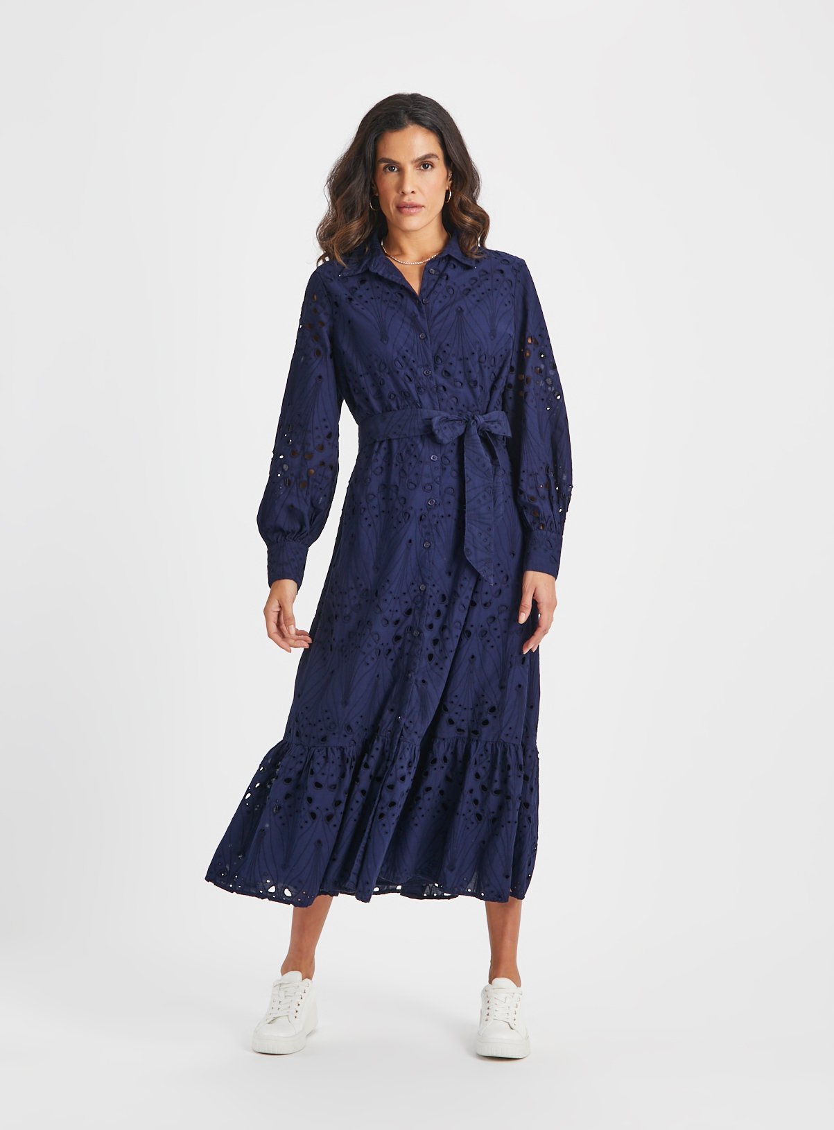 Navy Broderie Midi Shirt Dress 