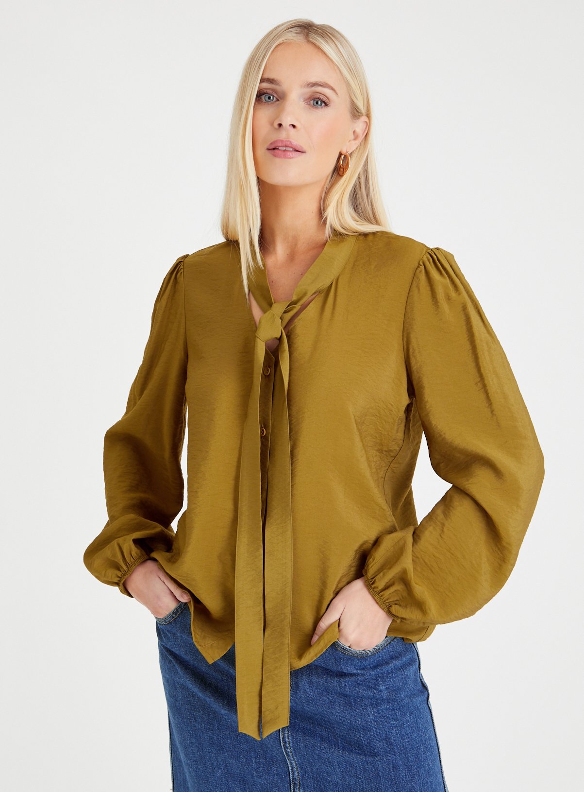 Khaki Tie Neck Blouse 