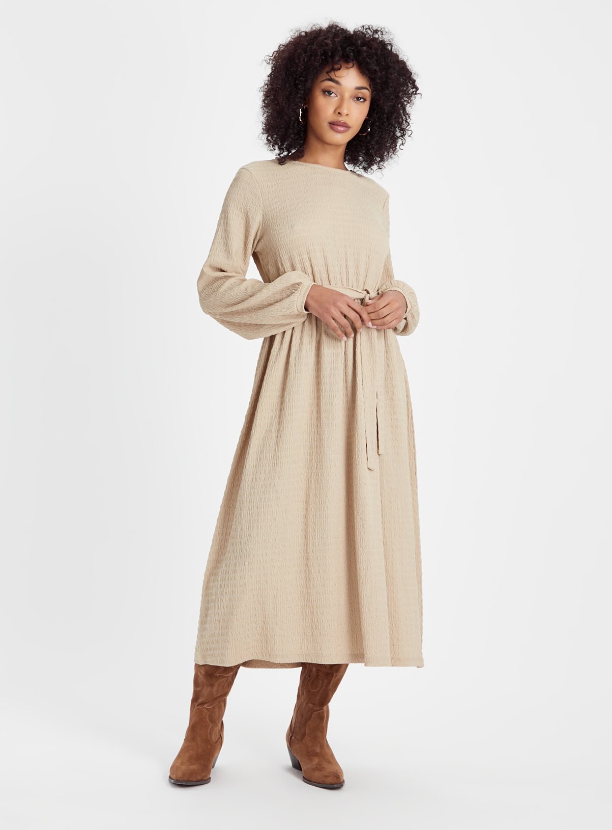 Neutral Crinkle Tie Waist Midi Dress 