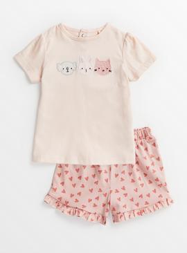 Pink Animal Face T-Shirt & Shorts Set 18-24 months
