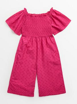 Bright Pink Broderie Woven Jumpsuit  