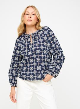 Navy Embroidered Keyhole Blouse 
