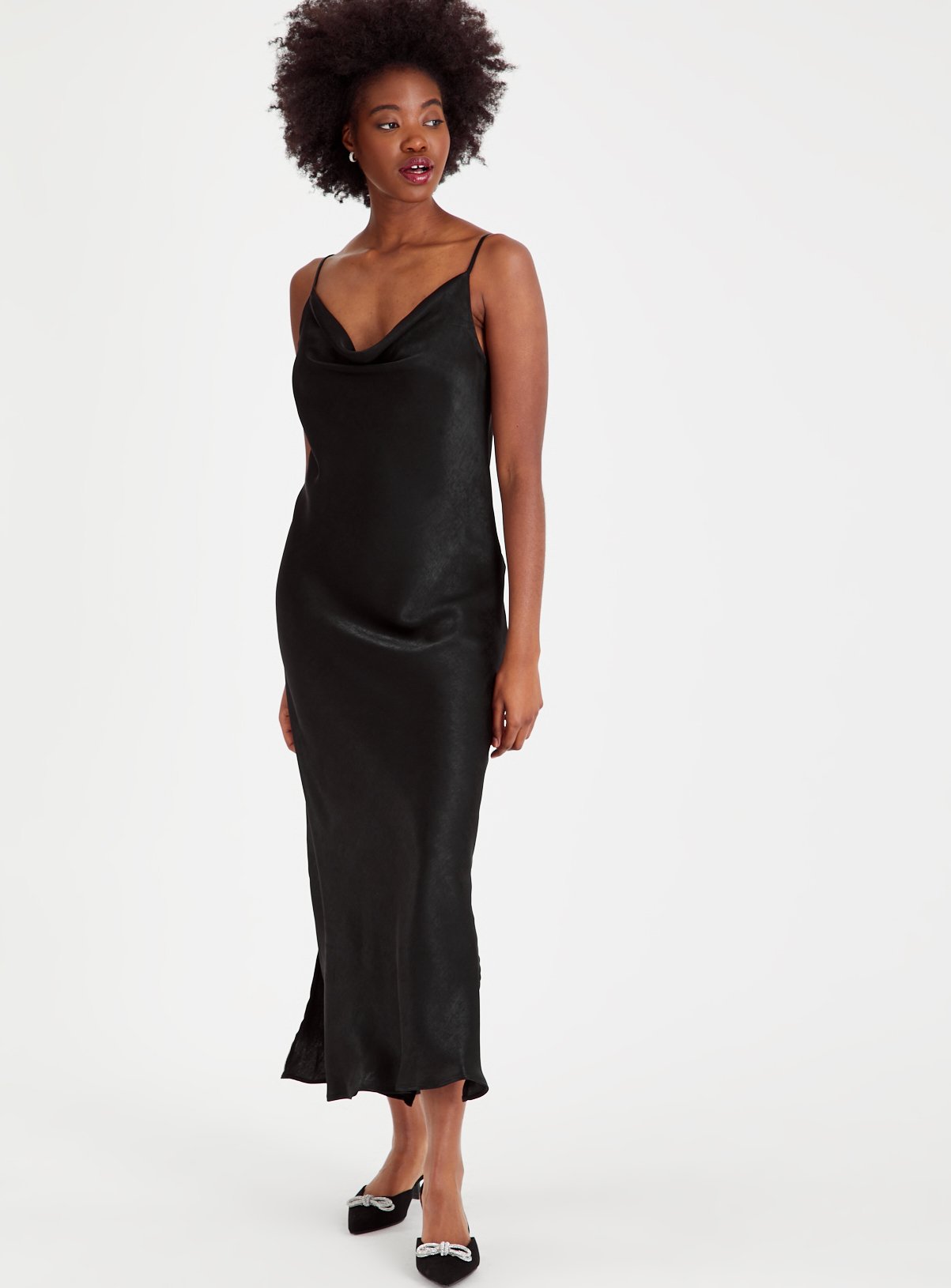Black Satin Cowl Neck Maxi Dress 