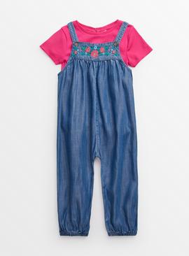 T-Shirt & Embroidered Denim Dungarees 
