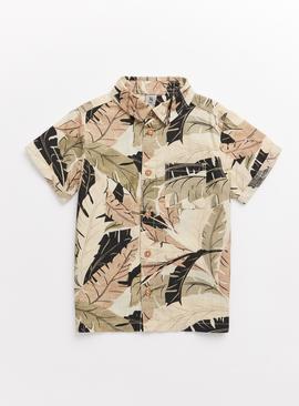 Beige Leaf Print Short Sleeve Shirt 