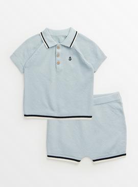 Blue Knitted Polo Shirt & Shorts Set 