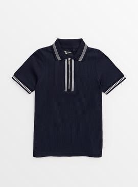 Navy Zip Ribbed Polo Shirt  