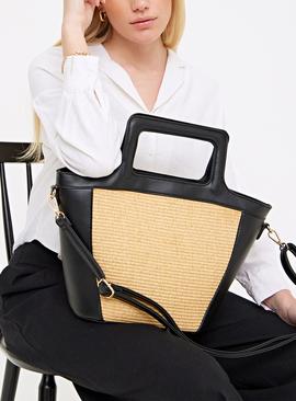 Black Faux Leather Contrast Straw Handbag One Size