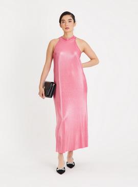 Pink Satin Plisse Midaxi Dress 