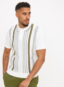 White Vertical Stripe Knitted Polo Shirt 