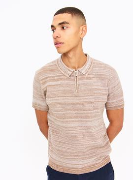 Brown Space Dye Zip Knitted Polo Shirt 