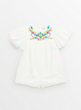 White Woven Embroidered Playsuit 