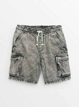 Grey Wash Denim Cargo Shorts 