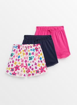 Floral & Plain Frill Hem Shorts 3 Pack 