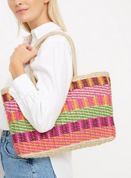Bright Textured Stripe Straw Tote Bag One Size
