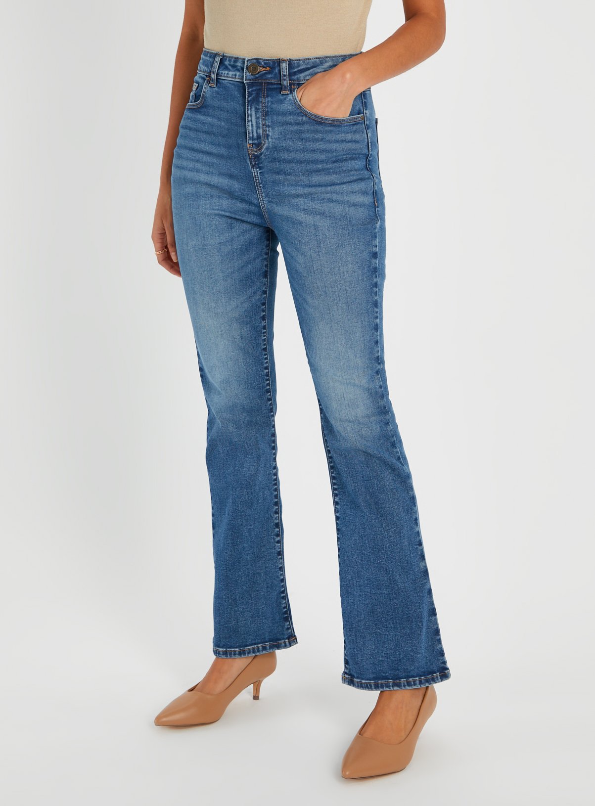 Mid Denim Lift & Shape High Waisted Flared Jeans 14S
