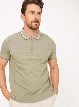 Khaki Textured Zip Short Sleeve Polo Shirt 