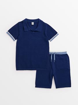 Navy Knitted Polo Shirt & Shorts Set 