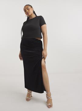 SIMPLY BE Black Side Split Velour Maxi Skirt 