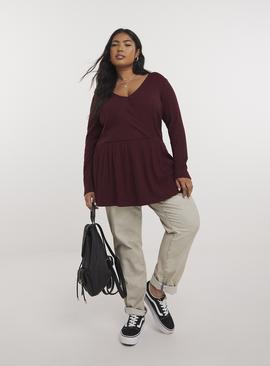 SIMPLY BE Burgundy Ribbed Cut And Sew Mock Wrap Top 