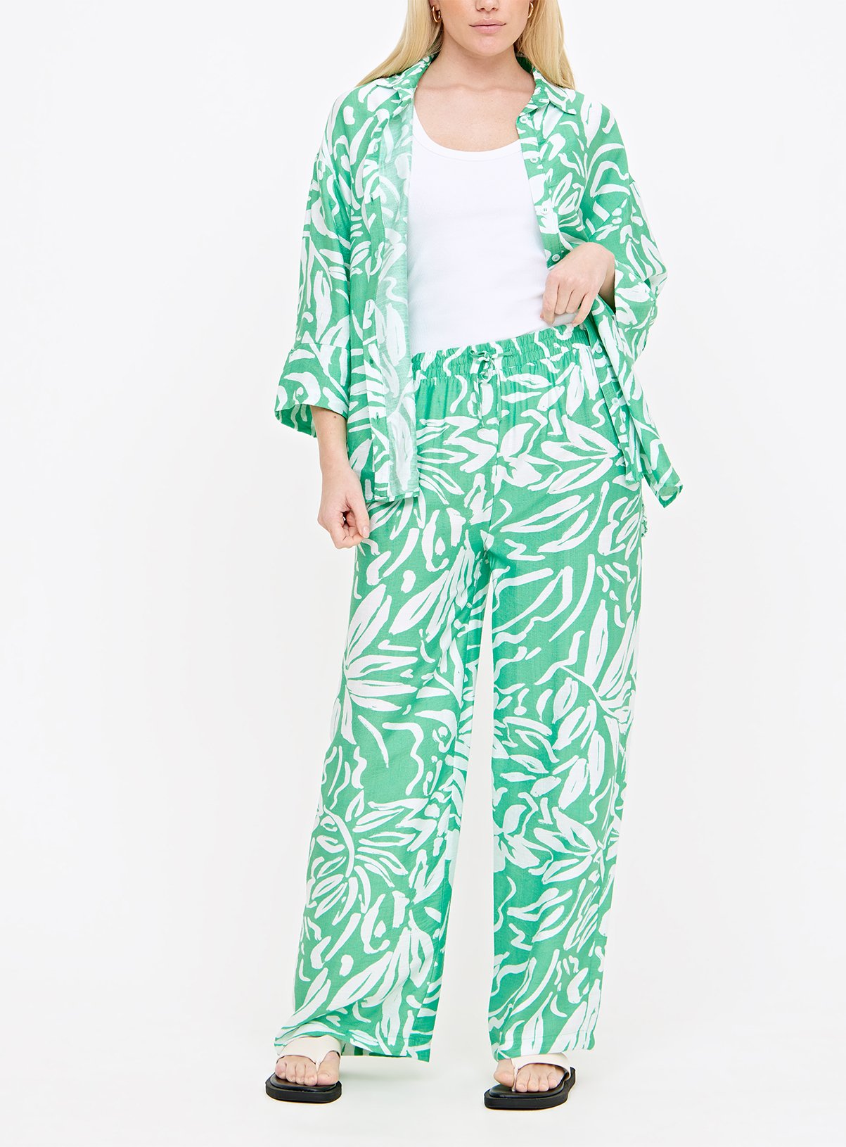 Green Leaf Print Wide Leg Trousers  