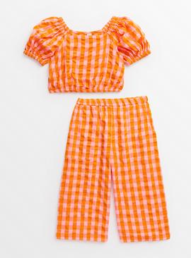 Orange Gingham Woven Top & Culottes Set  